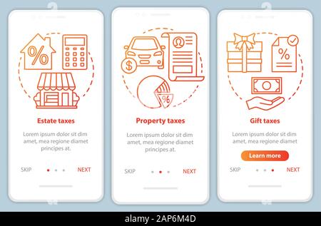 US taxes types red onboarding mobile app page screen vector template. Estate, property, gift tax. Walkthrough website steps with linear illustrations. Stock Vector