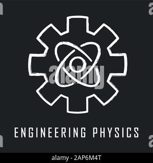 Engineering physics chalk icon. Nanotech. Cogwheel and atom structure model. Mechanical engineering. Nano technologies development. Nuclear energy usi Stock Vector