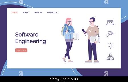 Software engineering landing page vector template. Programming and coding website interface idea with flat illustrations. Programmer courses homepage Stock Vector