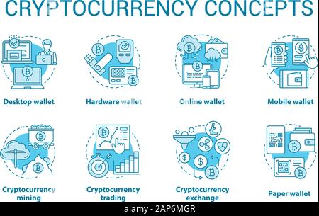 Cryptocurrency concept blue icons set. Digital asset idea thin line illustrations. Online, desktop wallet. Financial transaction. Bitcoin exchange. Ve Stock Vector