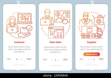 Dropshipping process red onboarding mobile app page screen vector template. Customer, store, supplier. Walkthrough website steps with linear illustrat Stock Vector