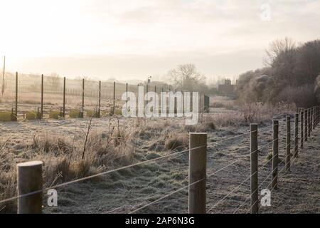 Harefield, UK. 21 January, 2020. The sun rises behind fencing and a security camera on land in the Colne Valley designated for the HS2 high-speed rail link. Credit: Mark Kerrison/Alamy Live News Stock Photo