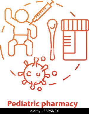 Pediatric pharmacy concept icon. Children medication idea thin line illustration. Vaccination and illness medicine for babies. Kids treatment. Vector Stock Vector