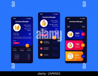 Inventory manager smartphone interface vector template set. Mobile app page blue and black design layout. Orders and delivery screen. Flat UI for appl Stock Vector