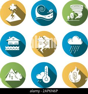 Natural disaster flat design long shadow glyph icons set. Earthquake, wildfire, tsunami, tornado, avalanche, flood, downpour, volcanic eruption. Vecto Stock Vector