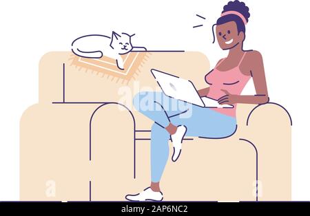 Smiling girl on sofa with laptop flat vector illustration. Freelancer at work. Lady and sleeping cat on couch isolated cartoon characters with outline Stock Vector