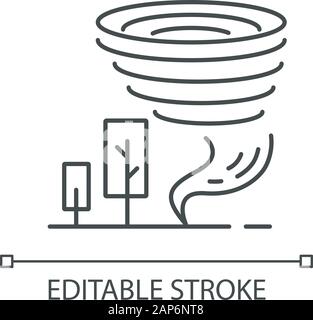 Tornado linear icon. Twister. Cyclone. Natural disaster. Destructive whirling wind. Storm spiral funnel, trees. Thin line illustration. Contour symbol Stock Vector
