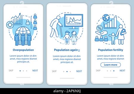Population onboarding mobile app page screen vector template. Overpopulation, population fertility. Walkthrough website steps with linear illustration Stock Vector