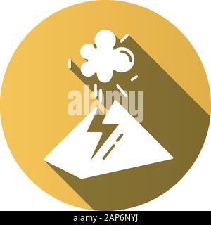 Volcanic eruption yellow flat design long shadow glyph icon. Geothermal power. Volcano explosion. Seismically hazardous area. Smoke and ash emission f Stock Vector