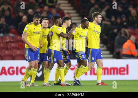 Middlesbrough, UK. 21st Jan 2020. Lukas Jutkiewicz of Birmingham City celebrates with his team mates after scoring their first goal during the Sky Bet Championship match between Middlesbrough and Birmingham City at the Riverside Stadium, Middlesbrough on Tuesday 21st January 2020. (Credit: Mark Fletcher | MI News) Photograph may only be used for newspaper and/or magazine editorial purposes, license required for commercial use Credit: MI News & Sport /Alamy Live News Stock Photo