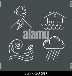 Natural disaster chalk icons set. Geological and atmospheric hazards. Flood, tsunami, volcanic eruption, downpour. Destructive force of nature. Isolat Stock Vector