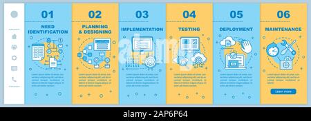 Software development stages onboarding mobile web pages vector template. Responsive smartphone website interface idea with linear illustrations. Webpa Stock Vector