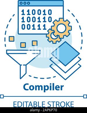 Compiler concept icon. Software development. Machine language. Programming. Data filtering. Computer code translation idea thin line illustration. Vec Stock Vector