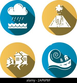 Natural disaster flat design long shadow glyph icons set. Geological and atmospheric hazards. Flood, volcanic eruption, earthquake, tsunami. Destructi Stock Vector