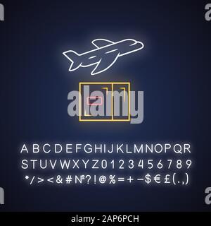 Delivery by plane neon light icon. International cargo shipping. Air freight. Transfer and shipment of parcels, packages. Cargo aircraft. Glowing alph Stock Vector