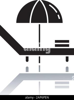Deck chair drop shadow black glyph icon. Beach, sea coast rest furniture. Summertime leisure. Chaise longue, deckchair with umbrella. Sun deck for rel Stock Vector