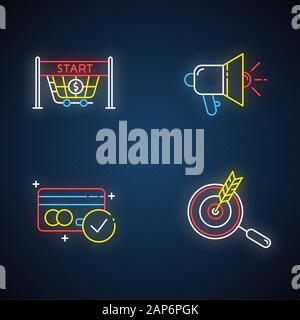 E commerce seller neon light icons set. Product promotion, customer attraction. Start selling, promotional tools, accept payments, choose niche. Glowi Stock Vector