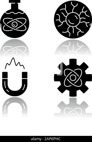 Physics branches drop shadow black glyph icons set. Chemical, plasma and engineering physics, electromagnetism. Physical processes scientific discipli Stock Vector