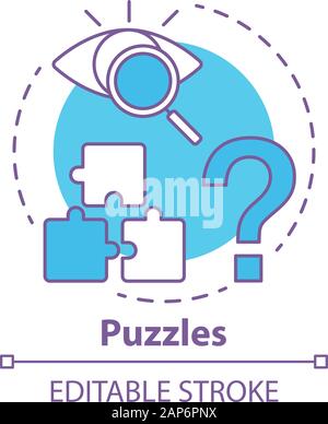 Puzzles concept icon. Quest game idea thin line illustration. Looking for answer, clues. Jigsaw parts. Solving problem, searching solution. Vector iso Stock Vector