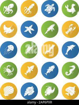 Sea animals flat design long shadow glyph icons set. Turtle, jellyfish, lobster. Swimming mollusk and fish. Underwater wildlife. Ocean inhabitants. Aq Stock Vector