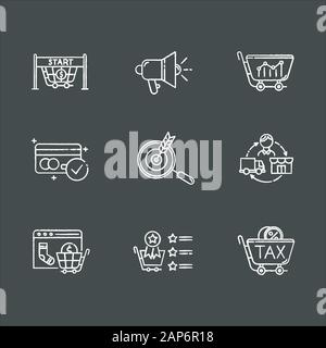 E commerce seller chalk icons set. Online shopping. Internet trading. Marketing research. Internet store business. Product promotion and sales increas Stock Vector