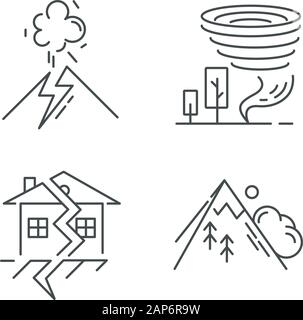 Natural disaster linear icons set. Volcanic eruption, earthquake, tornado, avalanche. Emergency management. Thin line contour symbols. Isolated vector Stock Vector