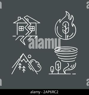 Natural disaster chalk icons set. Global catastrophes. Wildfire, earthquake, tornado, avalanche. Destructive force of nature. Geological, atmospheric Stock Vector