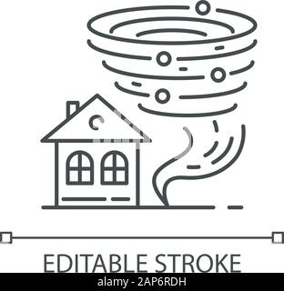 Tornado linear icon. Twister spiral funnel approaching house. Cyclone. Destructive hurricane. Storm. Typhoon. Thin line illustration. Contour symbol. Stock Vector