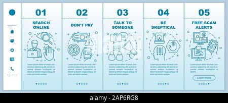Scam prevention onboarding mobile web pages vector template. Responsive smartphone website interface idea with linear illustrations. Be sceptical. Web Stock Vector