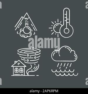 Natural disaster chalk icons set. Environmental hazards. Weather forecast, tornado, avalanche, downpour. Insurance case. Extreme events. Destructive n Stock Vector