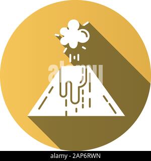 Volcanic eruption yellow flat design long shadow glyph icon. Smoke, ash and lava emission from volcano. Seismic hazard. Geological disaster. Natural c Stock Vector