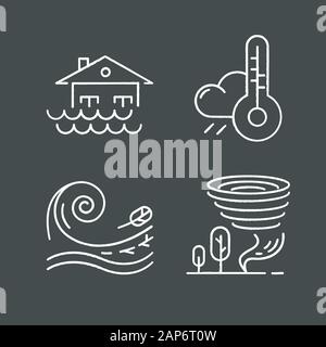 Natural disaster chalk icons set. Geological, atmospheric catastrophes. Weather forecast, flood, tornado, tsunami. Global climate changes danger. Isol Stock Vector