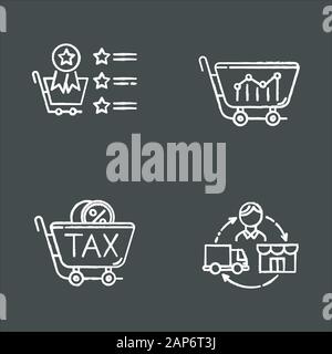Trading chalk icons set. Marketing research. Best seller list, sell analytics, sales tax ID, dropshipping. Business organization. Product promotion. I Stock Vector