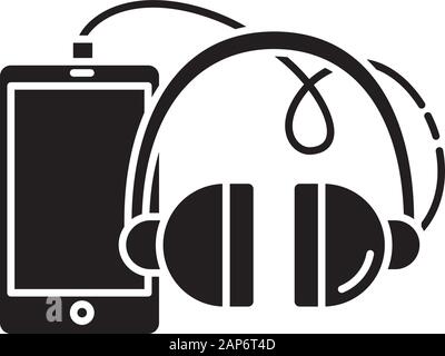 Phones and accessories glyph icon. Smartphone and headphones. Electronic devices. E commerce department, online shopping categories. Silhouette symbol Stock Vector