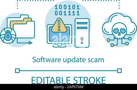 Software update scam concept icon. Cyber attack idea thin line illustration. Internet crime, fraud. Computer hacking. Bugs and virus. Vector isolated Stock Vector