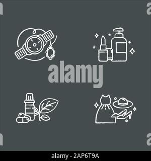 E commerce departments chalk icons set. Online shopping categories. Beauty and personal care. Fashion. Jewelry and watches. Health products. Isolated Stock Vector