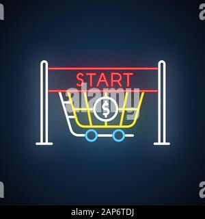 Start selling neon light icon. Store opening. Waiting for buyers. Entrance to supermarket, shopping cart. Trading. Glowing sign with alphabet, numbers Stock Vector