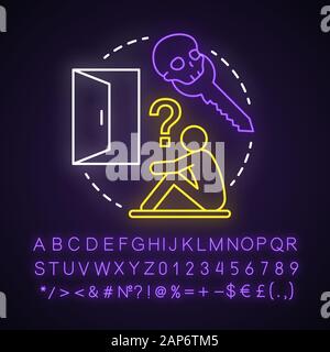 Horror escape room neon light concept icon. Scary quest game idea.  Problem solving, finding solution. Looking for exit. Glowing sign with alphabet, n Stock Vector