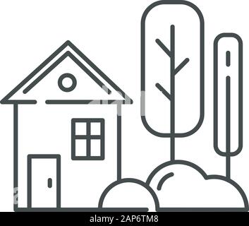 Small house with garden linear icon. One storey village and yard. Townhouse facade. Countryside house exterior. Thin line contour symbols. Isolated ve Stock Vector