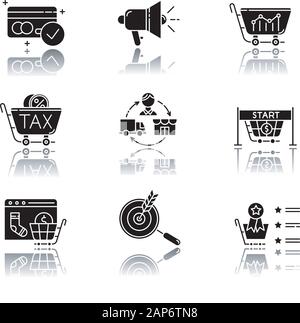 E commerce seller drop shadow black glyph icons set. Online shopping. Internet trading. Marketing research. Internet store business. Product promotion Stock Vector