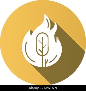 Wildfire yellow flat design long shadow glyph icon. Burning tree. Natural disaster. Ecological problem. Human negligence, arson. Danger of fire in for Stock Vector