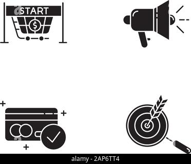 E commerce seller glyph icons set. Product promotion, customer attraction. Start selling, promotional tools, accept payments, choose niche. Silhouette Stock Vector