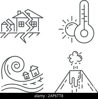 Natural disaster linear icons set. Earthquake, weather forecast, tsunami, volcanic eruption. Global hazards. Thin line contour symbols. Isolated vecto Stock Vector