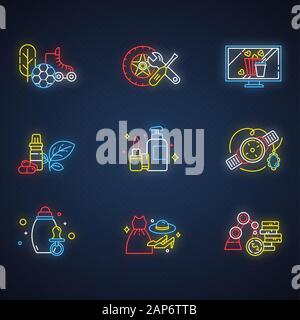 E commerce departments neon light icons set. Online shopping categories. Beauty, personal care. Jewelry and watches. Auto parts. Sports and outdoors. Stock Vector