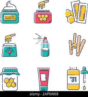 Waxing equipment color icons set. Natural hot honey wax strips with spatula. Hair removal tools. Body lotion, spray, oil for depilation. Professional Stock Vector