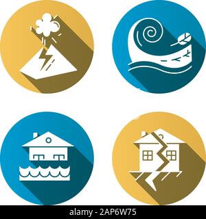 Natural disaster flat design long shadow glyph icons set. Geological and atmospheric hazards. Flood, tsunami, volcanic eruption, earthquake. Destructi Stock Vector