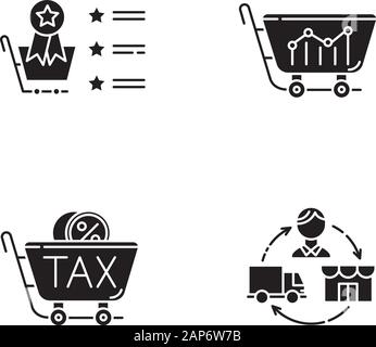 Trading glyph icons set. Marketing research. Best seller list, sell analytics, sales tax ID, dropshipping. Business organization. Product promotion. S Stock Vector