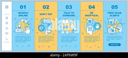 Scam prevention onboarding mobile web pages vector template. Responsive smartphone website interface idea with linear illustrations. Search online. We Stock Vector