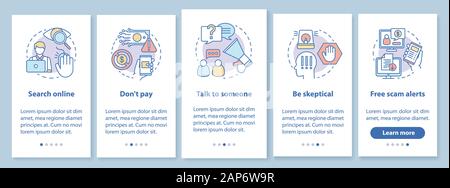 Scam prevention onboarding mobile app page screen with linear concepts. Search online. Five walkthrough steps graphic instructions. Free scam alerts. Stock Vector