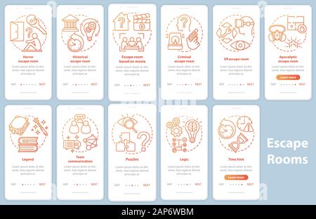 Escape room onboarding mobile app page screen set with linear concepts. Quest game classification. Walkthrough red gradient graphic instructions. UX, Stock Vector